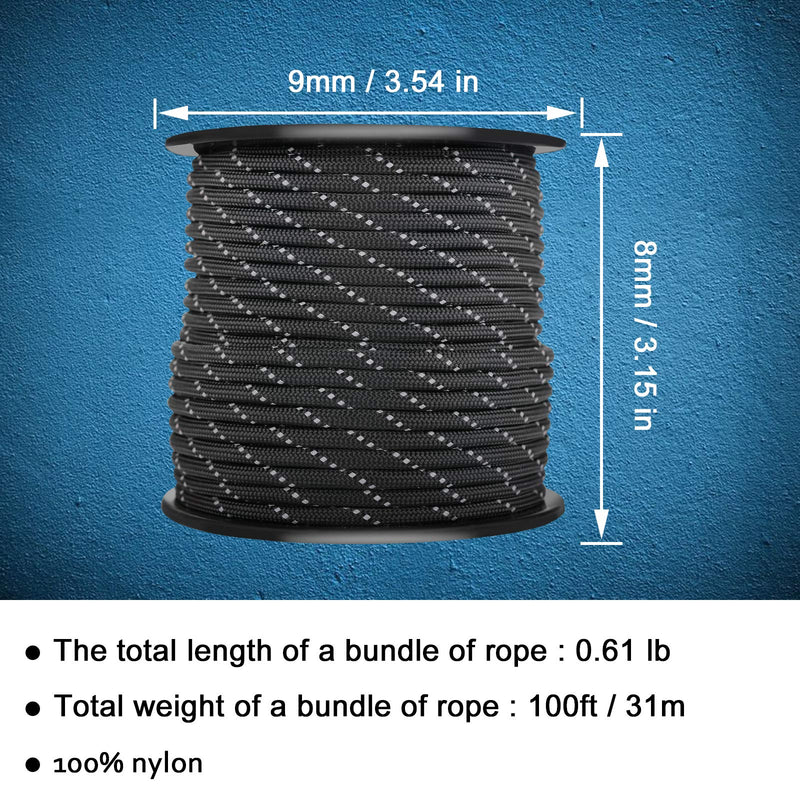 WEREWOLVES Reflective 550 Paracord - 100% Nylon, Rope Roller, 7 Strand Utility Parachute Cord for Camping Tent, Outdoor Packaging Reflective Black 100Feet - BeesActive Australia