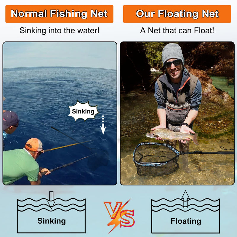 PLUSINNO Floating Fishing Net for Kayak, Steelhead, Salmon, Bass, Trout, Boat Fishing, Rubber Coated Landing Net for Easy Catch & Release, Foldable Telescopic Fishing Net for Freshwater or Saltwater - BeesActive Australia