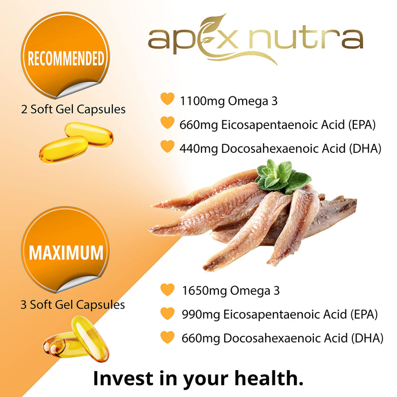 High Strength Omega 3 1000mg Capsules - 4 Month Supply of Easy to Swallow Omega 3 Fish Oil Capsules with 330mg EPA & 220mg DHA - Fish Oil Omega 3 Supplement - Made in The UK by Apex Nutra - BeesActive Australia
