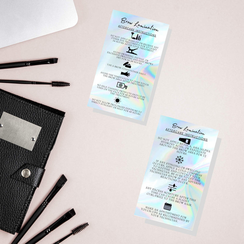 Brow Lamination Aftercare Instruction Cards | 50 Pack | 2x3.5” inches Business Card Size | Starter Lift Kit At Home DIY Brow Lift and Tint | Snatched Brows Holographic Look Design - BeesActive Australia