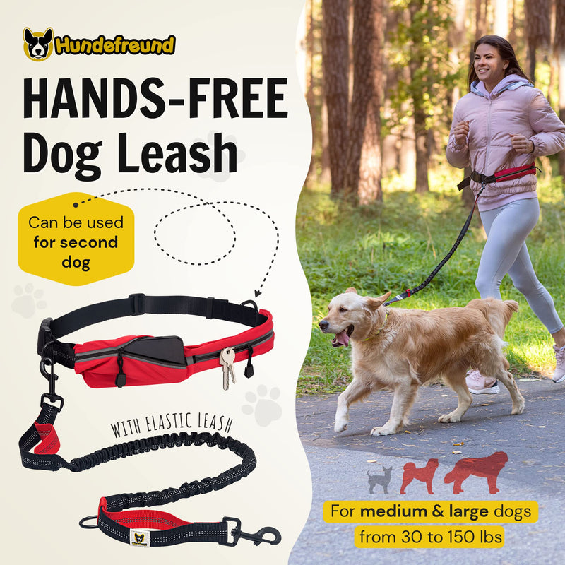 Hundefreund Hands Free Dog Leash for Running Walking Hiking for Medium and Large Dogs (30-150 lbs) with Adjustable Waist Belt, Zipper Pouch, Reflective Retractable Bungee, Dual Handles Red - BeesActive Australia