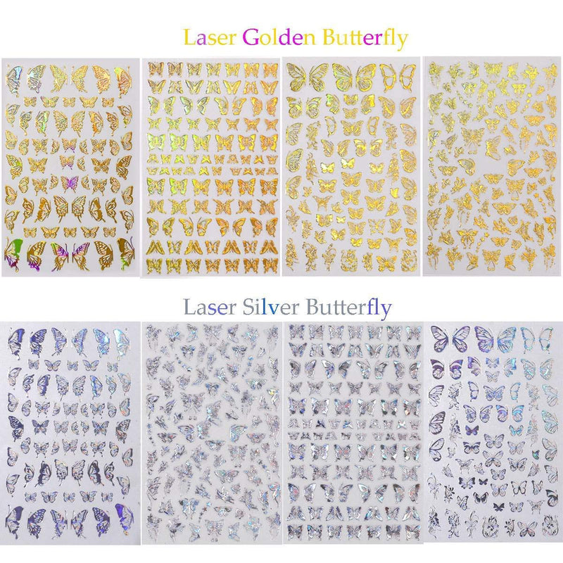 8 Sheets Butterfly Nail Art Stickers Holographic Laser Self Adhesive Nail Art Decals Gold and Silver Butterfly Shapes Design for Women Girls Manicure Tips Wraps Decorations - BeesActive Australia