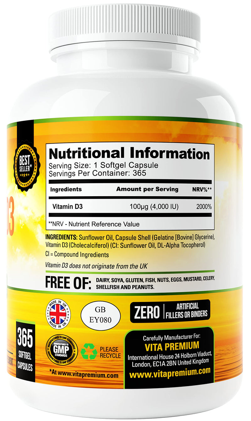 Vitamin D 4,000 IU, Maximum Strength Vitamin D3 Supplement, 365 Easy to Swallow Softgels - Full Year Supply 4,000 IU Vitamin D - BeesActive Australia