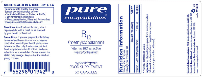 Pure Encapsulations - Vitamin B12 Methylcobalamin 1000 UG - Advanced Vitamin B12 for a Healthy Nervous System - 60 Capsules - BeesActive Australia