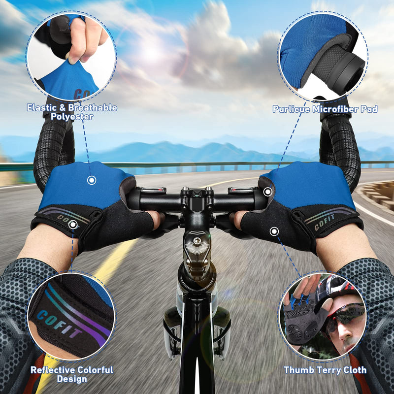 COFIT Half Finger Cycling Gloves, Breathable and Anti-Slip Bicycle Gloves Unisex with Shock Absorbing Pads for Summer BMX MTB Riding, Road Racing and Workout Blue Small - BeesActive Australia