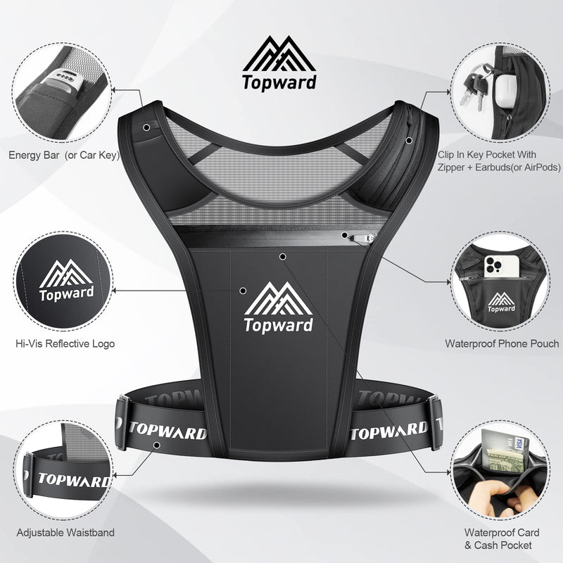 Topward Running Vest Phone Holder for Men Women, Waterproof Cell Phone & Key Pouch, Reflective Hydration Vest Train Free Workout Gear - Lightweight, Breathable Mesh Pockets - Adjustable Waistband - BeesActive Australia