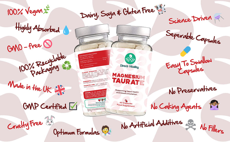 Magnesium Taurate | 700mg per Capsule | UK Made | 2 Months Supply | Vegan | No Nasty fillers | GMP Certified - BeesActive Australia
