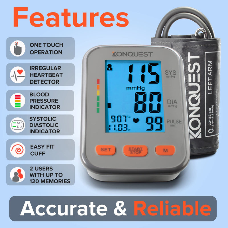 Konquest KBP-2704A Automatic Upper Arm Blood Pressure Monitor - Adjustable Cuff - Large Backlit Display - Irregular Heartbeat Detector - Tensiometro Digital… Gray - BeesActive Australia