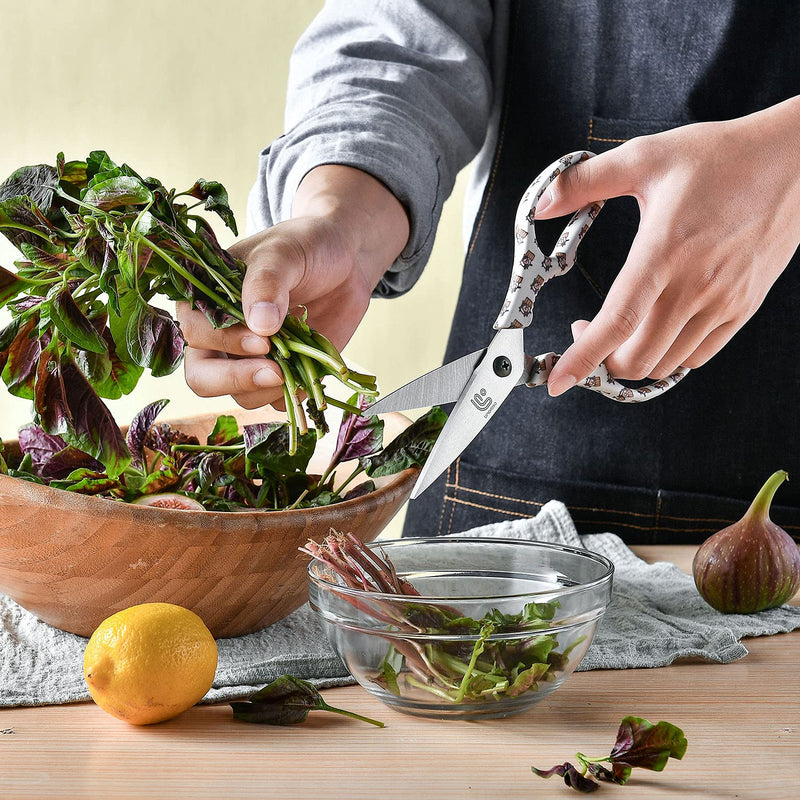Linoroso Kitchen Scissors Heavy Duty Kitchen Shears with Magnetic Holder Made with Japanese Steel 4034, Multipurpose Ultra Sharp Cooking Scissors for Meat/Vegetables/BBQ/Herbs/Pizza (Graphic,Cow) White/Cow - BeesActive Australia