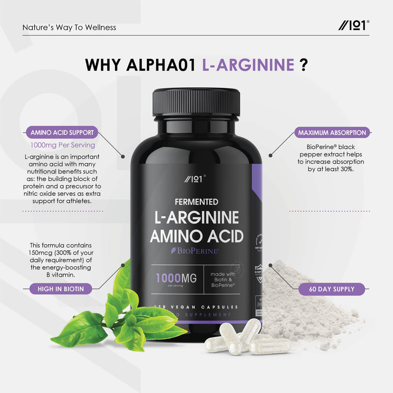 Fermented L-Arginine with BioPerine� & Biotin 1000mg - Potent Amino Acids - Non-GMO, Gluten Free, 120 Vegan Capsules 120 Count (Pack of 1) - BeesActive Australia