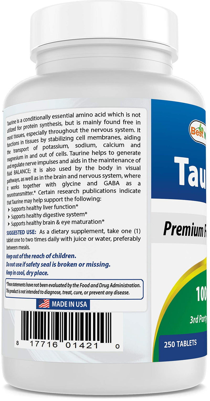 Best Naturals Taurine 1000 Mg Tablet, 250 Count (250 Count (Pack of 1)) - BeesActive Australia