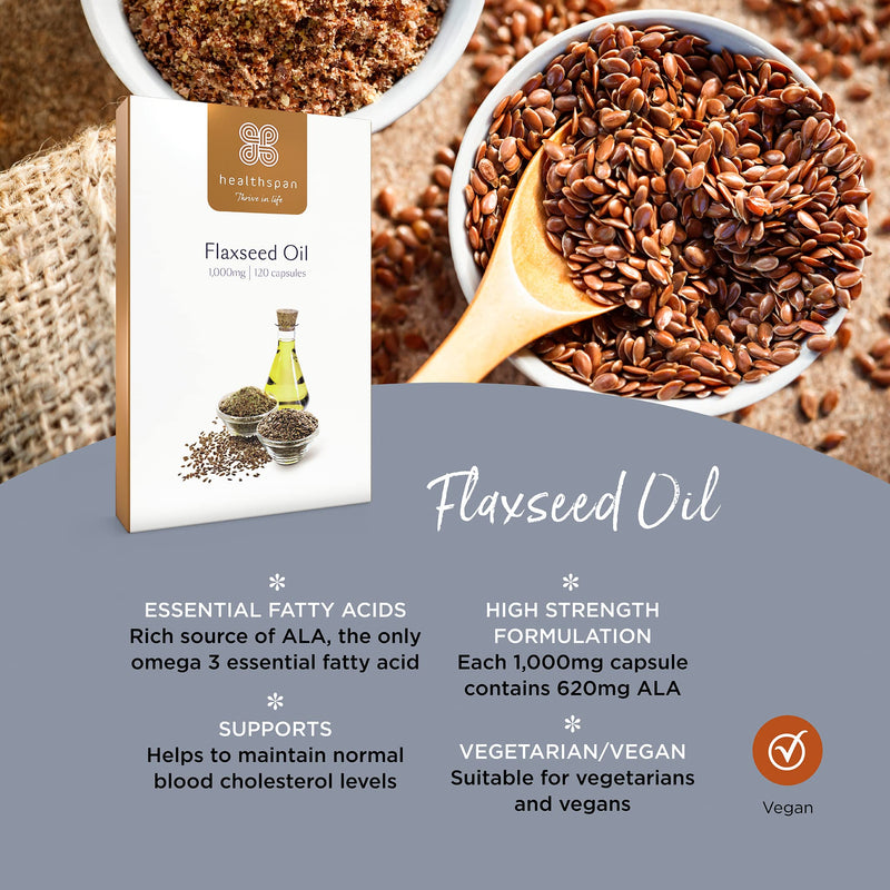 Healthspan Flaxseed Oil 1,000mg | 120 Capsules | Omega 3 Fatty Acid ALA | Maintain Healthy Blood Cholesterol Levels | Women's Health | Vegan - BeesActive Australia