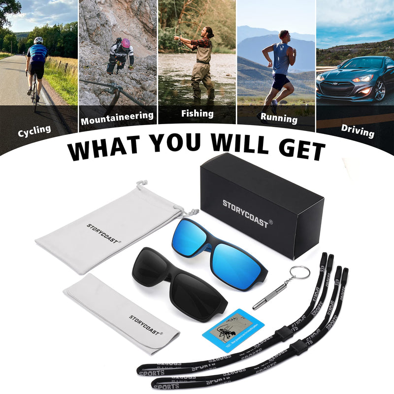 STORYCOAST Polarized Sports Sunglasses for Men Women Unbreakable Frame Cycling Fishing Driving 2pack Black+blue Mirror - BeesActive Australia
