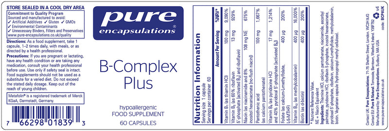Pure Encapsulations - Vitamin B-Complex Plus - Balanced B Vitamin Formula with Active Folate - 60 Capsules 60 Count (Pack of 1) - BeesActive Australia