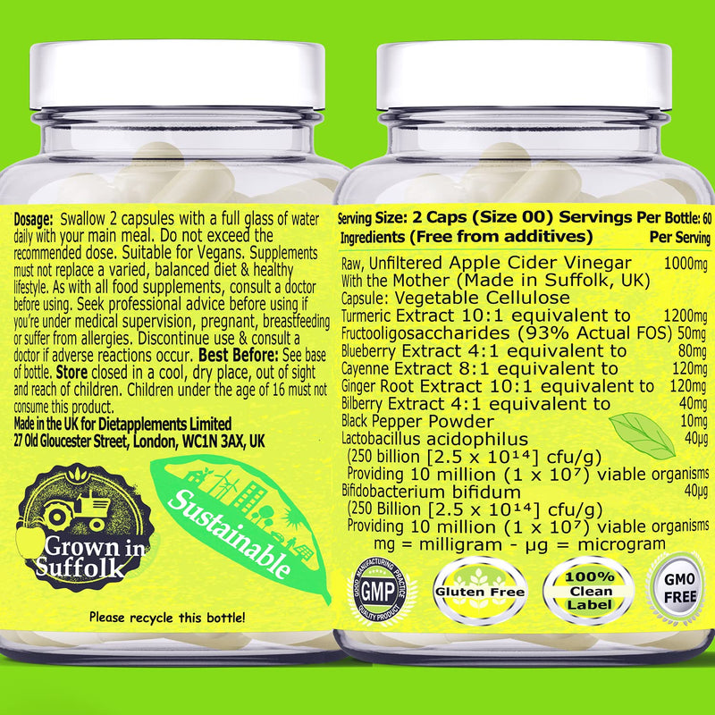 Raw, Unfiltered Apple Cider Vinegar with The Mother | Turmeric, Ginger, Black Pepper, Cayenne Pepper, Blueberries, Bilberries | High Strength Bio Cultures | Vegan, Vegetarian Potent Capsules. 1 Bottle - BeesActive Australia