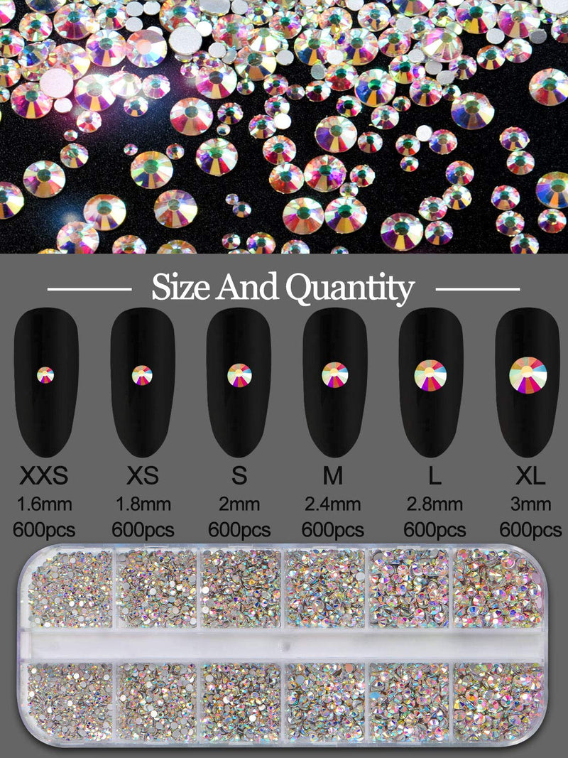 Warmfits 3600pcs Nail Art Rhinestone AB Nail Crystals Round Shaped Flatback Gems Stones 6 Sizes with Box for Nail Design Craft Art Shoes (Crystal AB) Crystal AB - BeesActive Australia