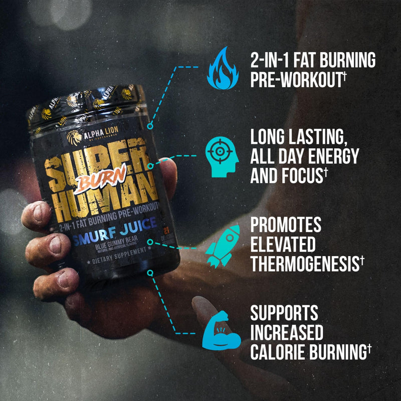 ALPHA LION Superhuman Burn 2-in-1 Metabolism Booster Pre Workout, Weight Loss Supplement, Appetite Suppressant, Fat Loss Support, Energy & Focus Powder (21 Servings, Blue Gummy Bear Flavor) Smurf Juice - BeesActive Australia