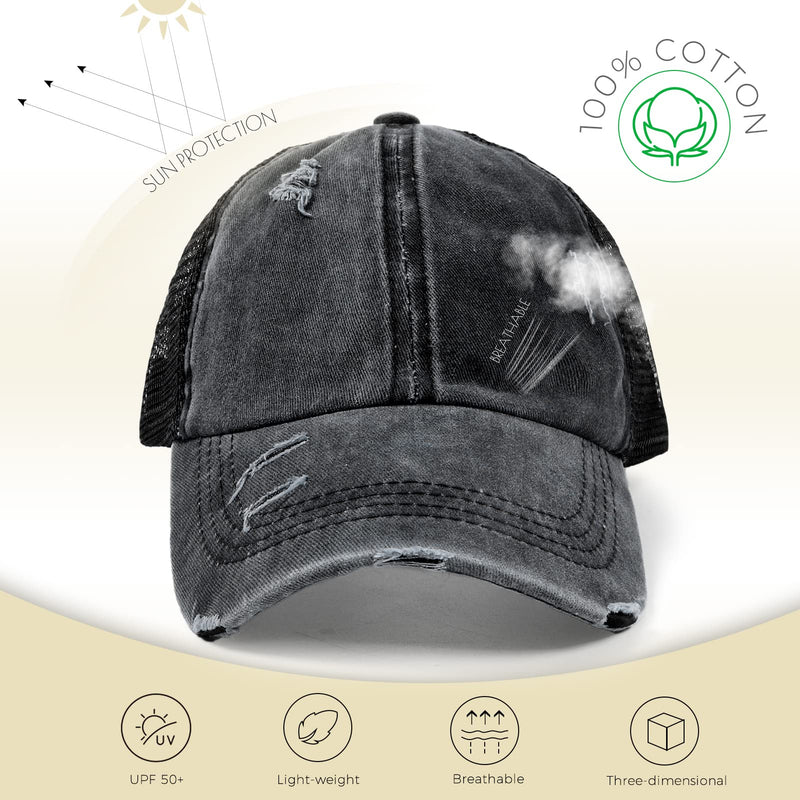 Criss Cross Ponytail Baseball Cap for Women Trucker Hats Mesh Adjustable High Messy Bun Ponycap Washed Distressed Dad Hat Black One Size - BeesActive Australia