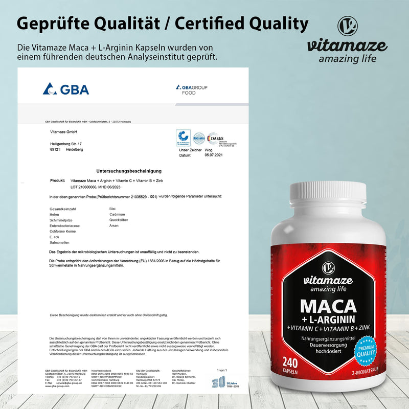 Maca Root Capsules with L-Arginine 5800mg + Vitamins B6, B12 + Zinc - Invigorating Anti-Stress Energy - High Strength 240 Capsules for 2 Months - Organic Supplement, German Quality- Vitamaze Maca Root 4000 mg - BeesActive Australia