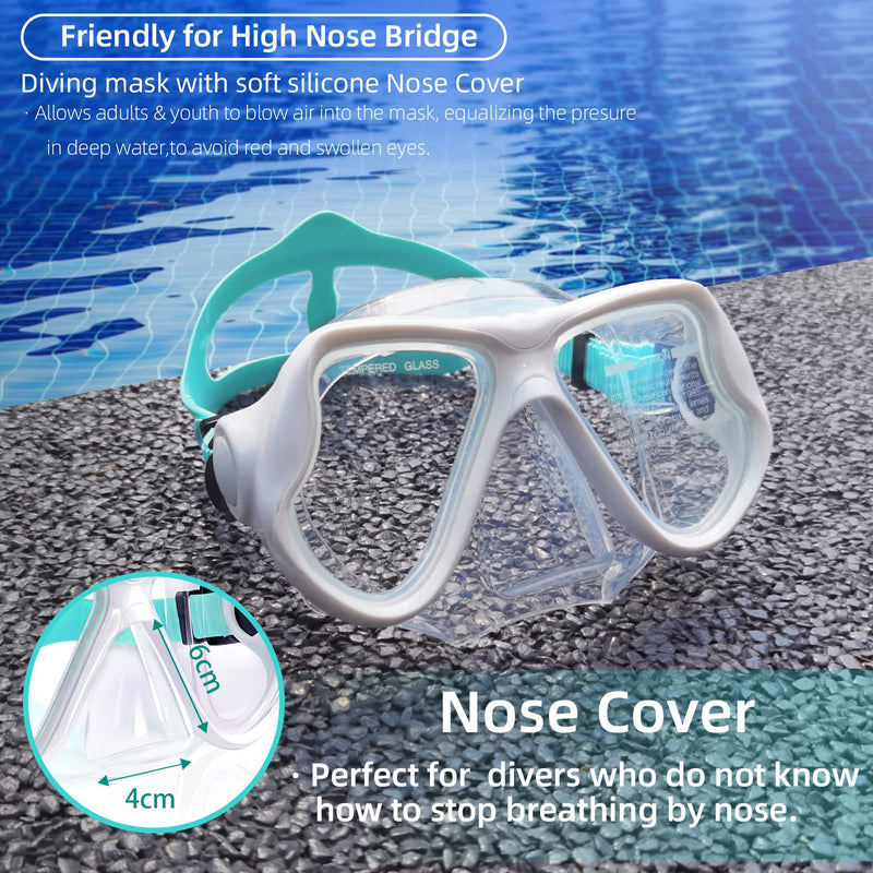 Keary Swimming Goggles Snorkel Diving Mask for Adult Men Women Youth, Anti-Fog 180°Clear View Swim Goggles with Nose Cover White Frame Green Strap - BeesActive Australia