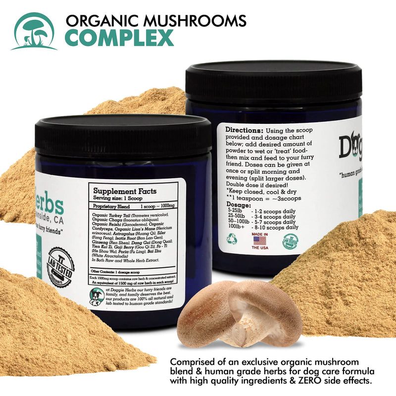 Doggie Herbs Immunity for Dogs Organic Mushrooms 22.3% Beta Glucan - Canine Health & Immunity Boost Dog Supplements - Herbal Powder w Dose Scoop -100g - BeesActive Australia