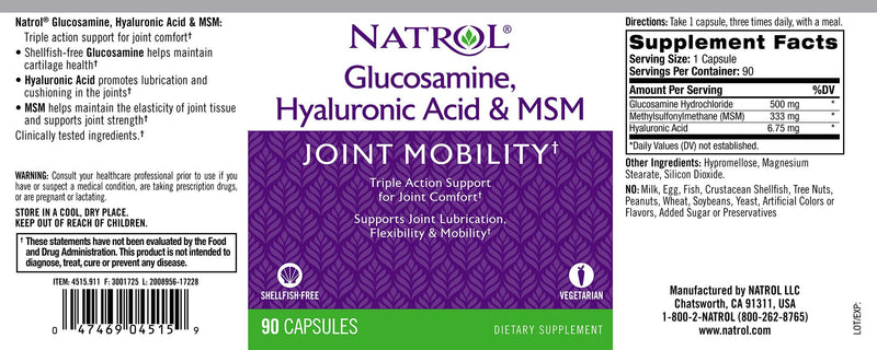 Natrol Glucosamine, Hyaluronic Acid and MSM, 90 Capsules (Pack of 2) Hyaluronic Acid & MSM 90 Count (Pack of 2) - BeesActive Australia