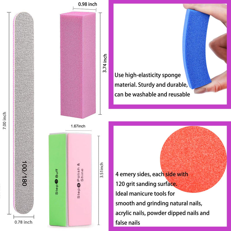 Nail Files and Buffers - Professional Emery Boards for Nails Rectangular Sanding Nail Buffer Block 4 Way Nail Buffer Shine 100/180 Grit for Acrylic Nails Manicure Tools for Gel Nails Natural 15pcs(with nail shine block) - BeesActive Australia