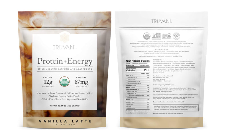 Truvani Protein + Energy Drink Mix with Caffeine & Adaptogens | USDA Certified Organic, Vegan, Non-GMO, & Gluten Free | Vanilla Latte (20 Servings) 20 Servings (Pack of 1) - BeesActive Australia