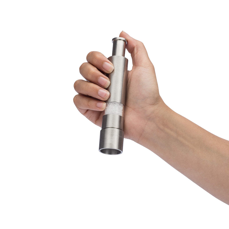 Grind Gourmet Salt and Pepper Grinder Set, Original Pump & Grind Peppermill are Refillable, Modern Thumb Press Grinder, Comes with Black Pepper, Sea Salt and Stand, Works With Himalayan Salts 316 Stainless Steel - BeesActive Australia