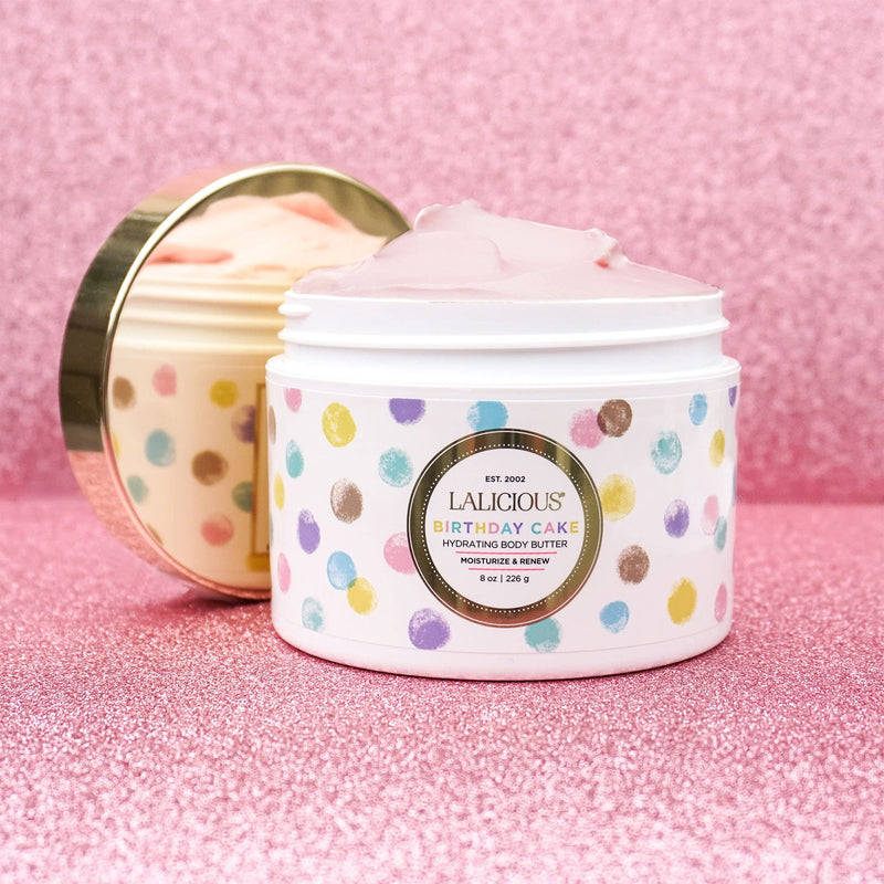 LALICIOUS Birthday Cake Shimmering Body Butter - Hydrating Body & Skin Moisturizing Cream with Whipped Shea Butter, Vitamin E, Cucumber Extract & Apricot Oil - No Parabens (8 Ounces) 8 Ounce (Pack of 1) - BeesActive Australia