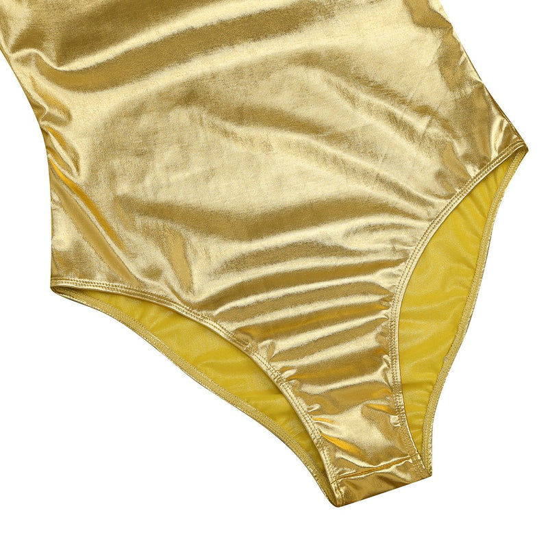 [AUSTRALIA] - zdhoor Woman's One-Piece High Cut Leotard Long Sleeve Swimsuit PVC Leather Bodysuit Catsuit Jumpsuit Gold Large 