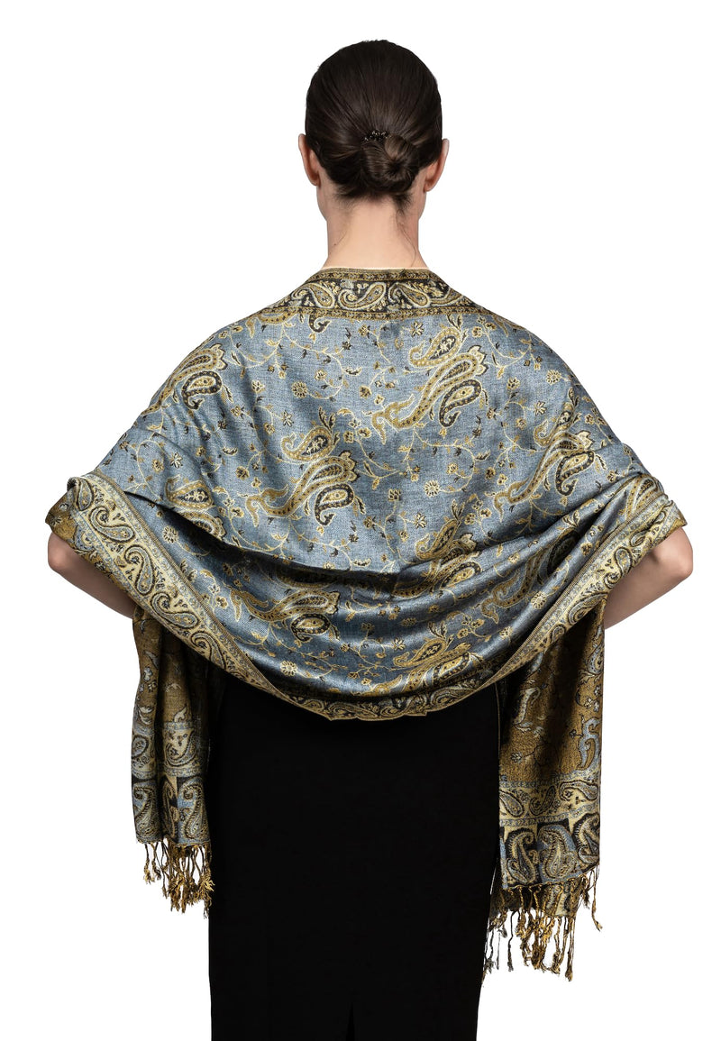 Achillea Soft Silky Reversible Paisley Pashmina Shawl Wrap Scarf w/Fringes Steel Blue - BeesActive Australia