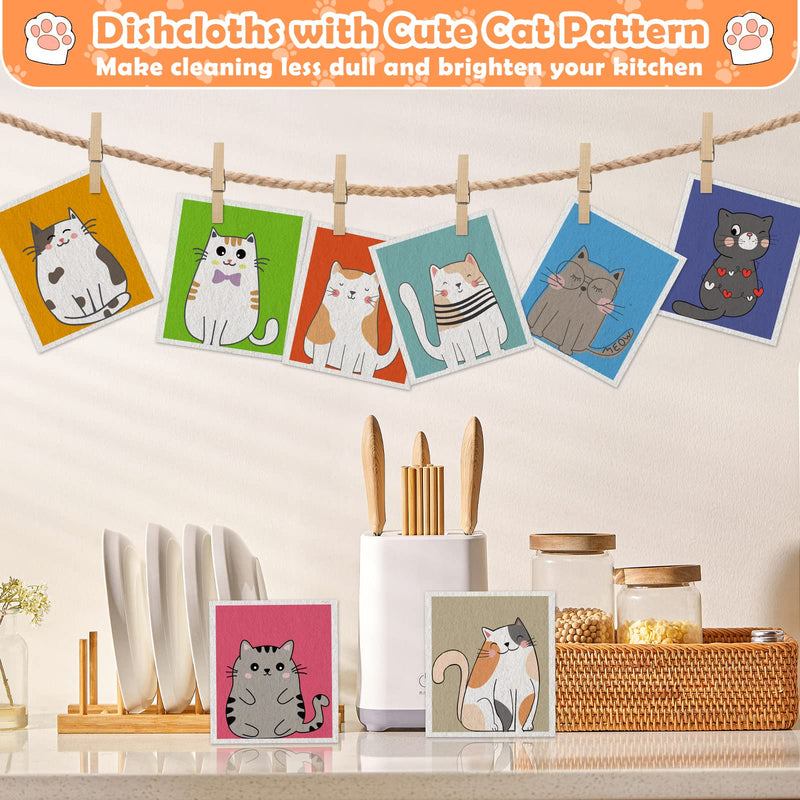 Lucomb Swedish Dish Cloths for Kitchen, 8 Pack Reusable Kitchen Cleaning Cloth Absorbent Kitchen Towels No Odor Fast Drying for Home Wipes Dish Washing (Cute Cat) Cute Cat - BeesActive Australia