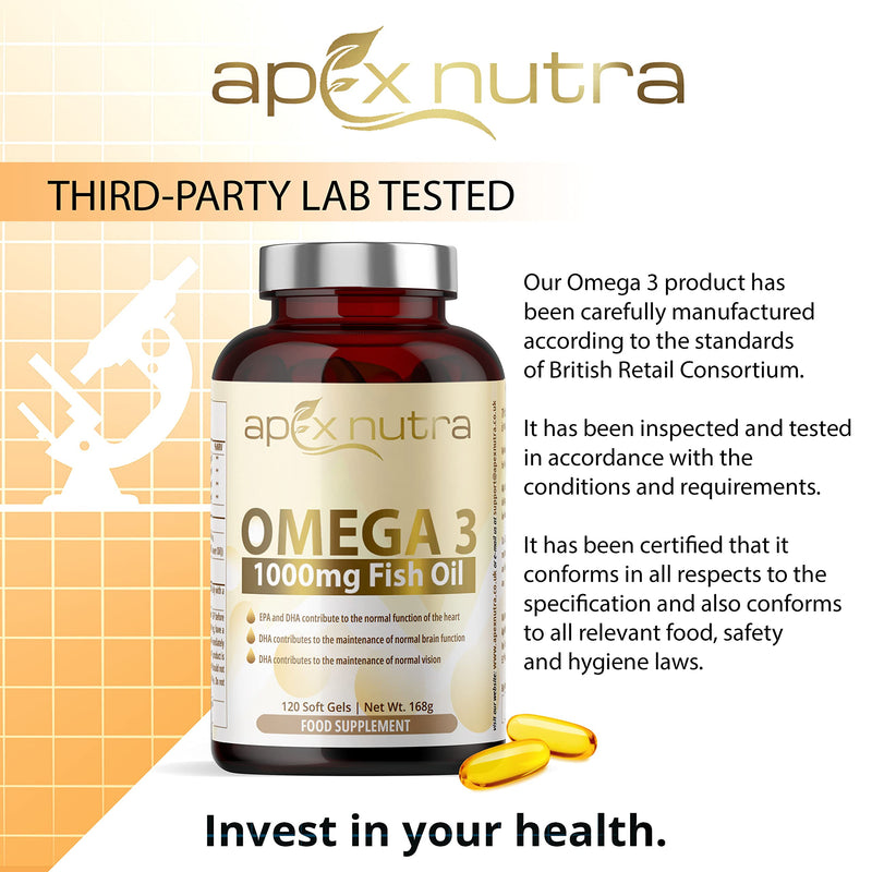 High Strength Omega 3 1000mg Capsules - 4 Month Supply of Easy to Swallow Omega 3 Fish Oil Capsules with 330mg EPA & 220mg DHA - Fish Oil Omega 3 Supplement - Made in The UK by Apex Nutra - BeesActive Australia