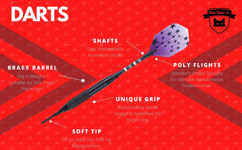 SHOT TAKER CO. EST. 2017 Professional Soft Tip Darts 12 PC Set | 12 Brass Barrels | 50 Extra Black 2BA Tips| 12 Aluminum Shafts | 16 Flights Standard Shape | Multi Tool | Carry Bottle Black Barrel-19g - BeesActive Australia