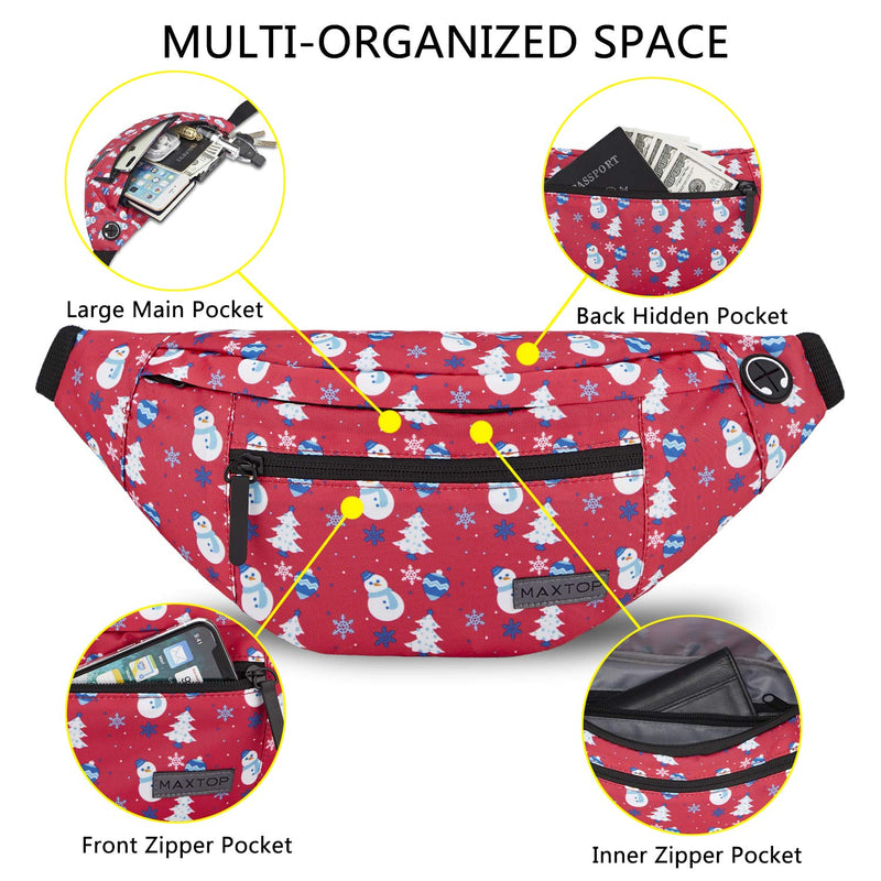 MAXTOP Large Fanny Pack with 4-Zipper Pockets,Gifts for Enjoy Sports Festival Workout Traveling Running Casual Hands-Free Wallets Waist Pack Crossbody Phone Bag Carrying All Phones Snowman - BeesActive Australia