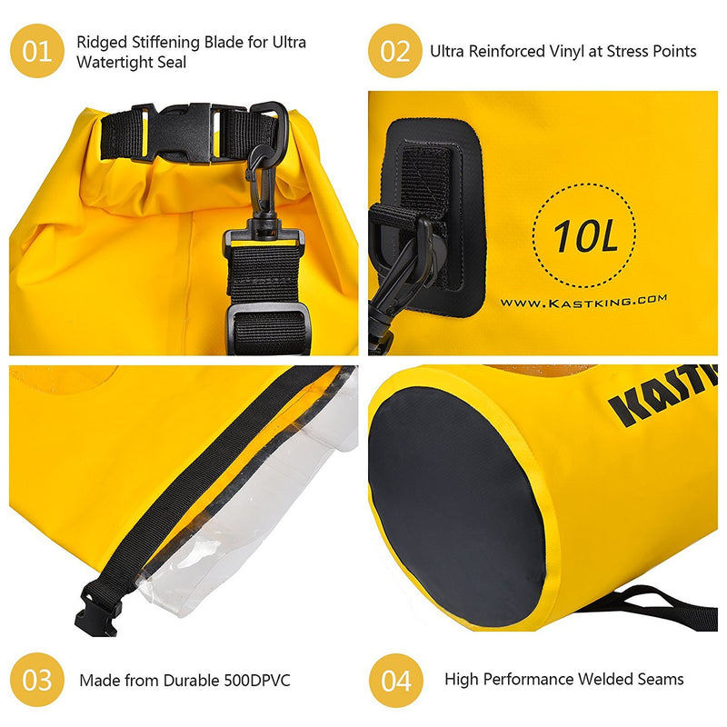 [AUSTRALIA] - KastKing Dry Bags, 100% Waterproof Storage Bags, Military Grade Construction for Swimming, Kayaking, Boating, Hiking, Camping, Fishing, Biking, Skiing. B:Yellow 10L 