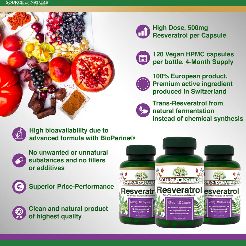 Source of Nature� | Trans-RESVERATROL 500mg | 120 Capsules | 4-Month Supply | >98% Pure European Produced Active Ingredient | High Dose | Vegan | Antioxidant Protection 120 Kapsel Flasche - BeesActive Australia