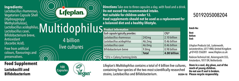 Lifeplan Multidophilus Live Cultures Supplement (100 Capsules) — 4 Billion CFU Per Capsule for Digestives 100 Count (Pack of 1) - BeesActive Australia