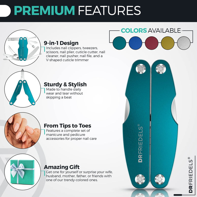 DRFRIEDELS Compact Manicure & Pedicure Set - 9-in-1 Foldable Nail Kit - Ideal for Travel, Hiking & EDC Multitool (Peacock Blue) Peacock Blue - BeesActive Australia