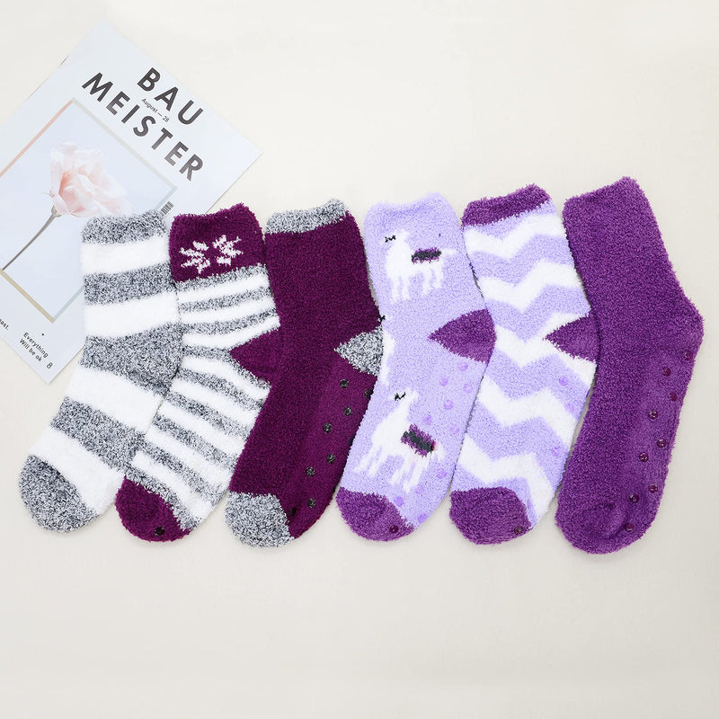 Zando Womens Fuzzy Socks with Grips Athletic Grip Socks Warm Slipper Socks Non Slip Cozy Socks Soft Thick Fluffy Socks One Size C 6/Deer Purple - BeesActive Australia