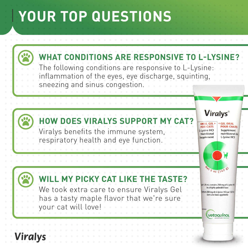Vetoquinol Viralys Gel L-Lysine Supplement for Cats, 5oz - Cats & Kittens of All Ages - Immune Health - Sneezing, Runny Nose, Squinting, Watery Eyes - Palatable Maple Flavor Lysine Gel 5 oz - BeesActive Australia