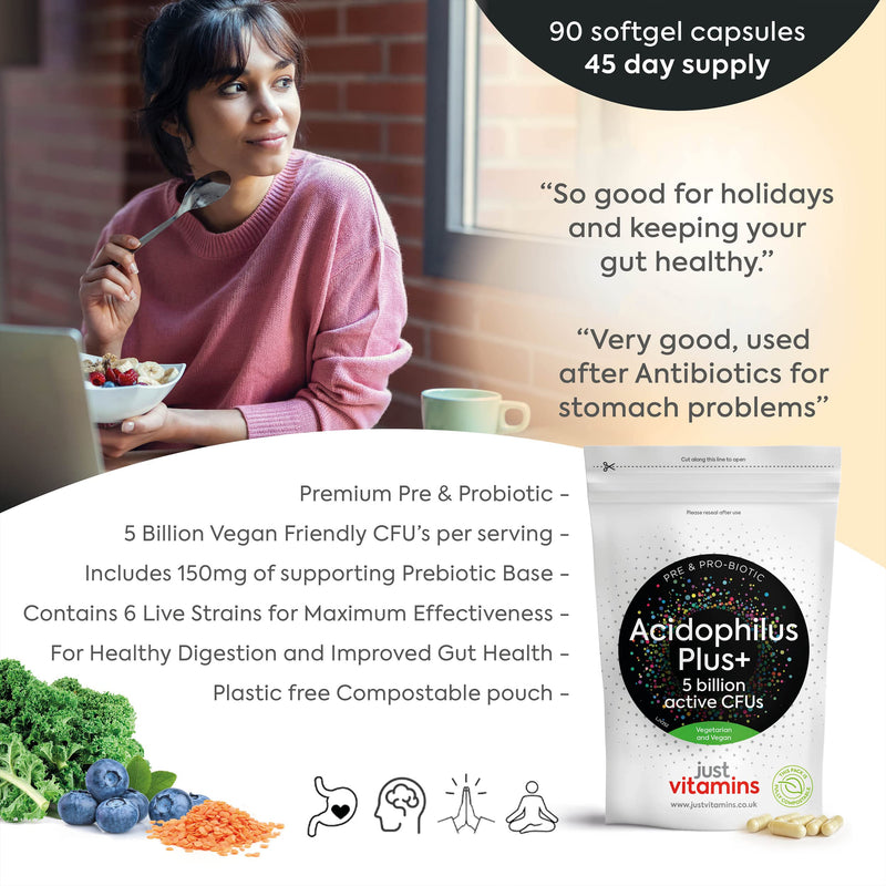 Acidophilus Plus+ Pre & Probiotic Bio Cultures Complex 90 Vegan Capsules, 5 Billion Non Dairy CFU, Multi Strain High Strength Lactobacillus Acidophilus Probiotic Supplement for Men & Women, UK Made - BeesActive Australia