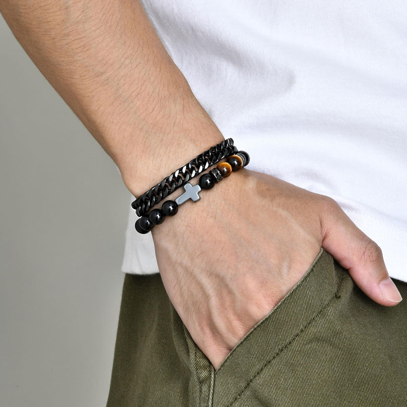MEALGUET 2 pcs Men's Stainless Steel Bracelets : Black Gemstone Tiger Eye and Agate Cross Beaded Bracelet and Stainless Steel Chain Matching Bracelets Set for Men or Women,Men's Jewelry Gift 8.4"black chain+cross bead bracelet - BeesActive Australia