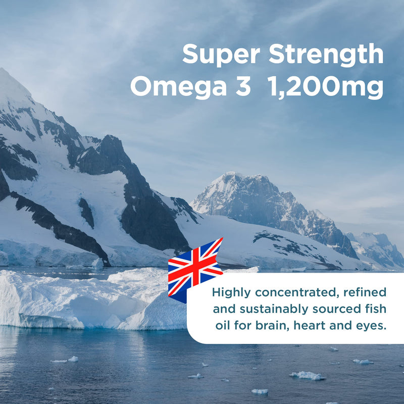 Healthspan Super Strength Omega 3 1,200mg (120 Capsules) | Brain, Heart & Eye Health | 240mg DHA & 360mg EPA per Capsule| Highly Purified to Remove Toxins | Sustainably Sourced Fish Oil 120 Count (Pack of 1) - BeesActive Australia