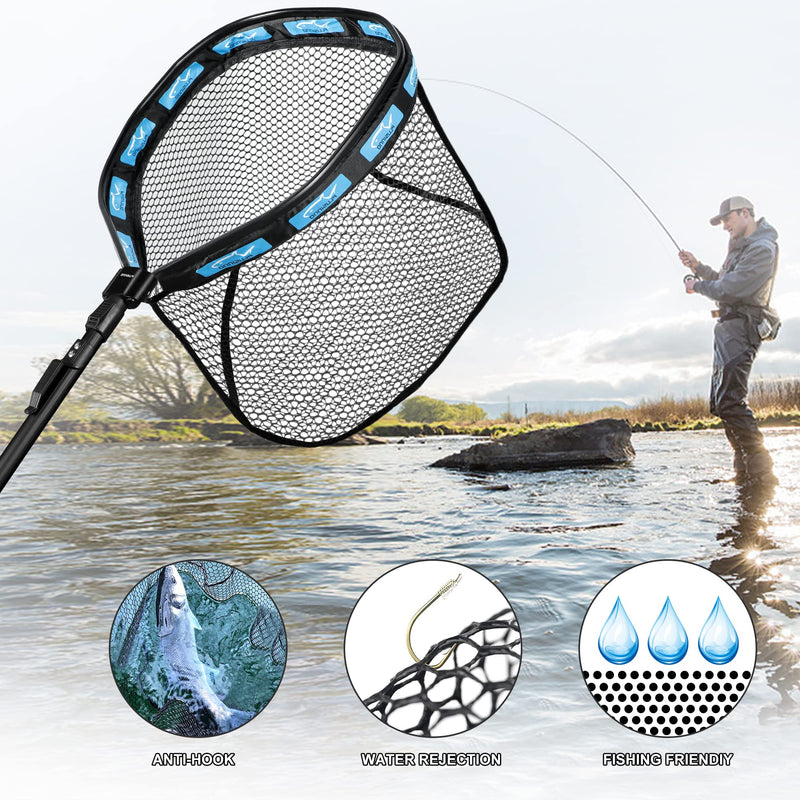 PLUSINNO Floating Fishing Net, Rubber Coated Fish net for Easy Catch and Release, Fishing Nets Freshwater for Bass, Trout, Walleye, Kayak, Folding Landing Net for Easy to Carry and Storage 11.8"/30cm Hoop Size Blue (Fixed Pole) - BeesActive Australia