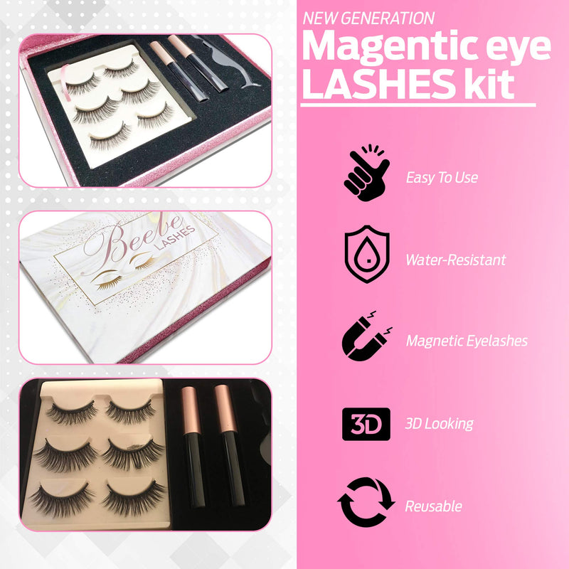 Magnetic Eyeliner and Magnetic Lashes Kit, 3 Lash Style with 2 Waterproof Eyeliner and Tweezer - BeesActive Australia