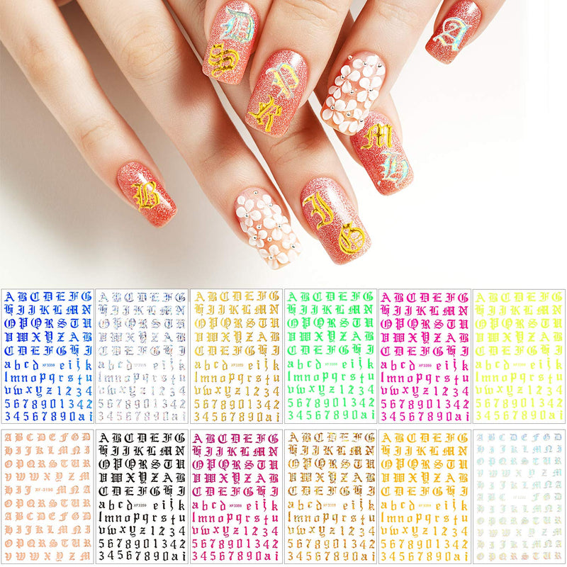 20 Sheets Holographic Letter Nail Art Sticker Old English Alphabet Nail Art Sticker Gummed Adhesive Letter Nail Decal Number Nail Decorations for Salon Home DIY Nail Art, 20 Colors - BeesActive Australia