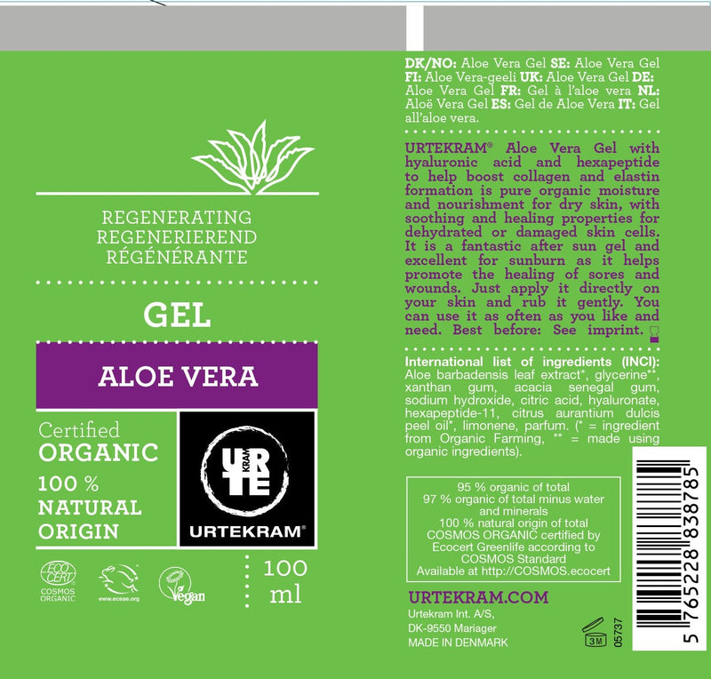 Urtekram Gel - Aloe Vera - All Skin Types - Vegan, Organic, Natural Origin, 100 ml - BeesActive Australia