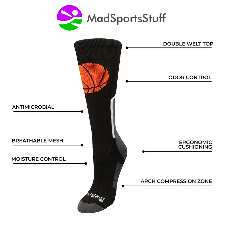 MadSportsStuff Baller Basketball Socks with Basketball Logo Crew Length Black/Orange Medium - BeesActive Australia